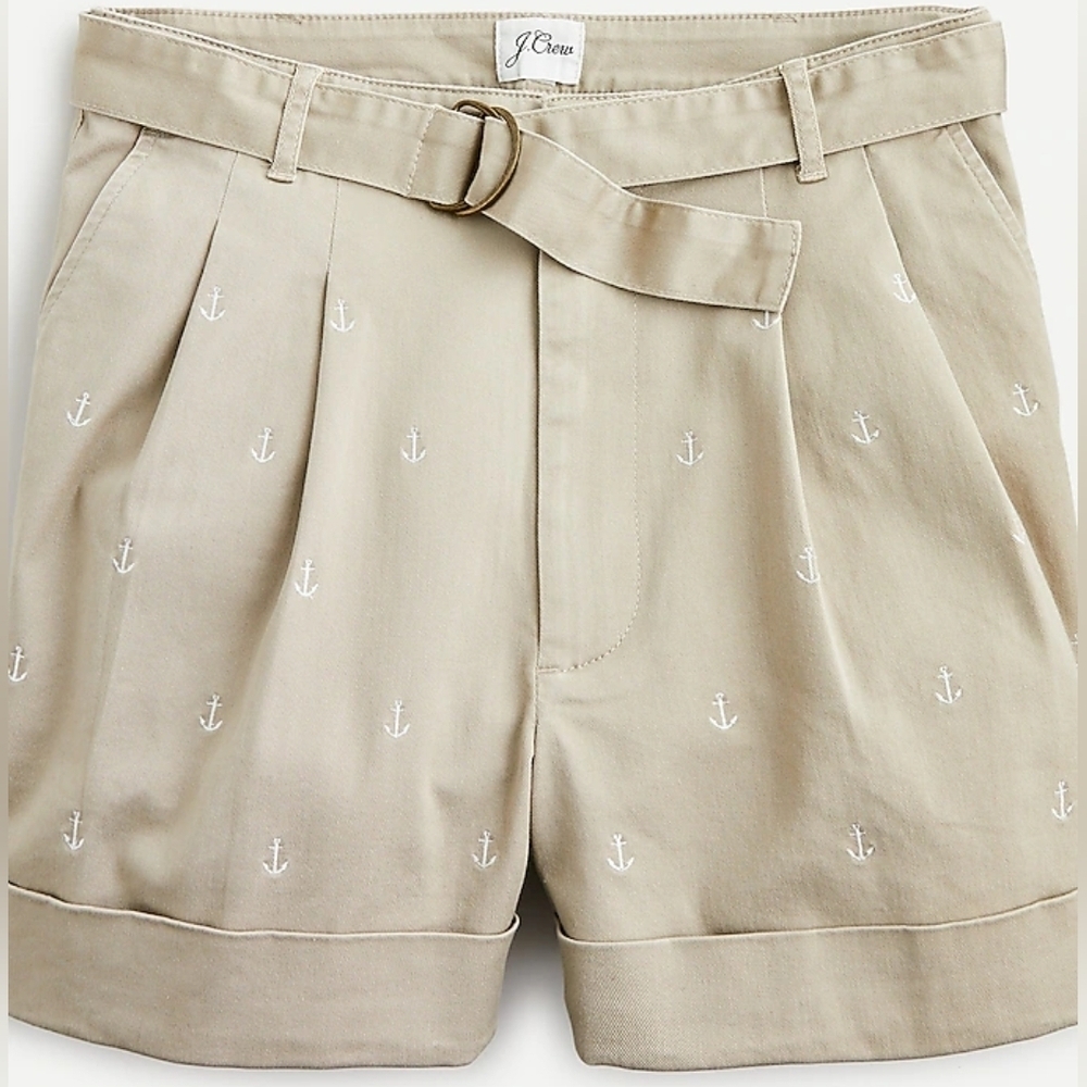 J. Crew Shorts with Anchor Embroidery Khaki High Waisted Belted Trouser Shorts